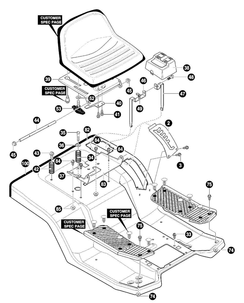 Seat And Seat Pan Diagram and Parts List for 40379X68A 2001 Briggs and Stratton Lawn Tractor